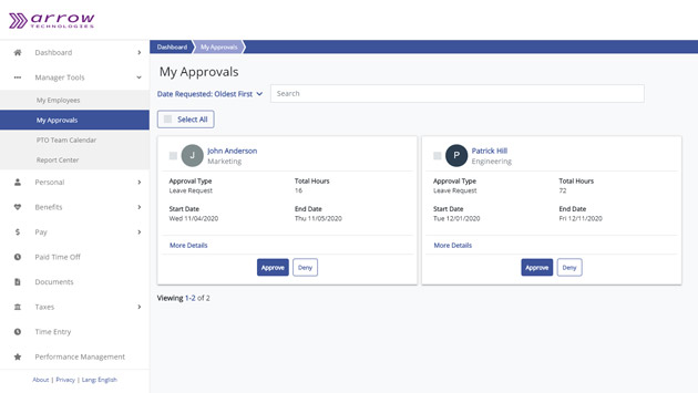 Employee portal manager approvals screenshot