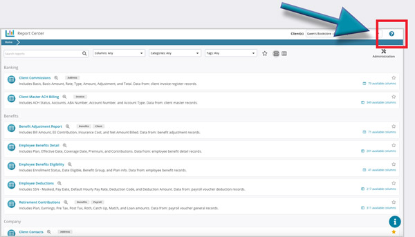 Click the “?” symbol at the top right of Report Center to access help, guides, and other resources.